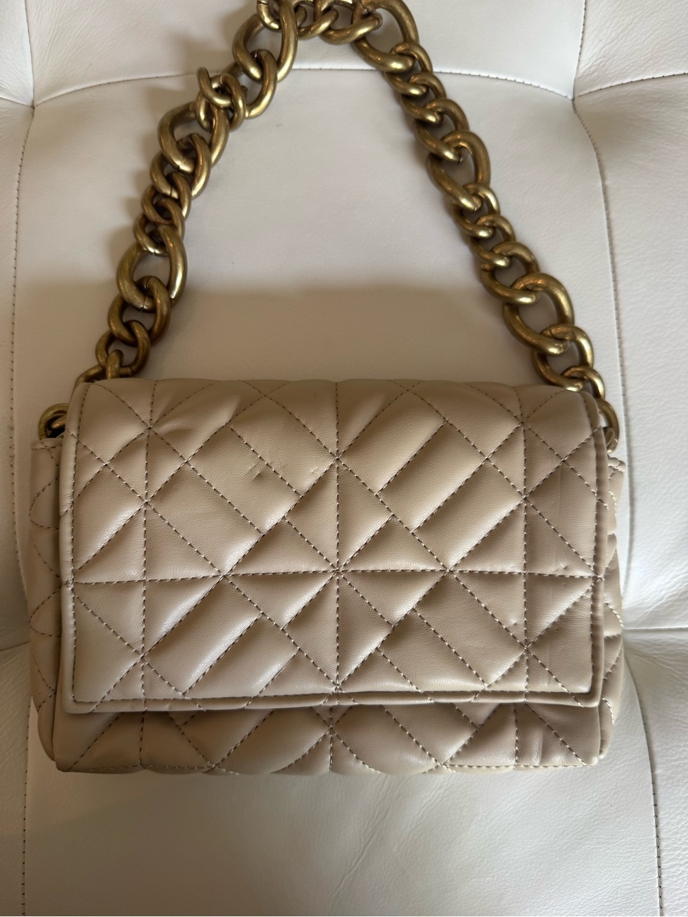 Zara Quilted Beige Shoulder Bag with Chunky Gold Chain Strap